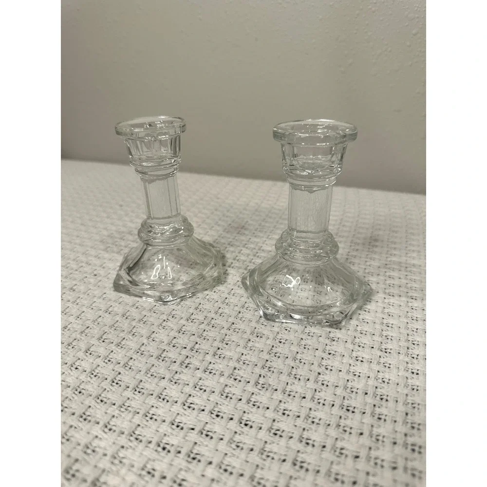 Vintage Glass Candlestick Set Clear Hexagon Base Fluted Taper Colonial Decor